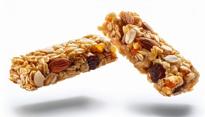 healthy snack granola bar floating or flying isolated white background
