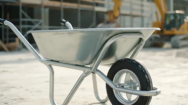 Empty metal wheelbarrow stands on a dusty construction site ground with blurred heavy machinery and scaffolding in the background ready for building and materia