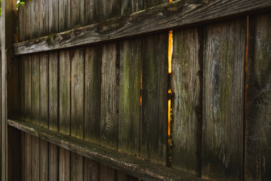 Golden light peeks through a gap in a rustic wooden fence in the evening