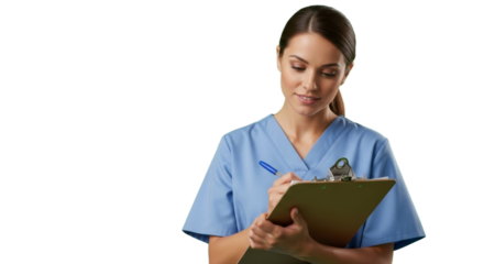 Caring nurse diligently records patient information on clipboard, offering professional medical support and compassionate care with a gentle smile.