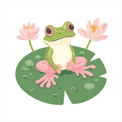 Cute frog on a lily pad with flowers