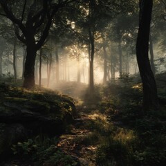 Obraz premium Serene forest scene with tall trees illuminated by morning sunlight filte through the dense canopy creating a tranquil and misty natural environment