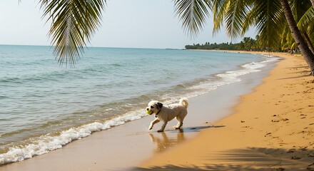 Small white dog running on sandy beach near ocean with palm trees