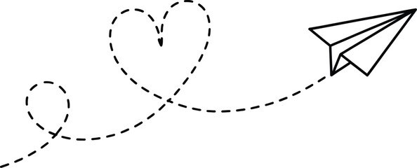 Paper airplane flies on a dotted line forming a heart shape, symbolizing love and travel.