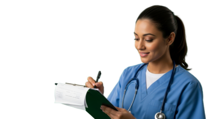 Caring nurse diligently documenting patient information with a smile and stethoscope, embodying healthcare professionalism and empathy.