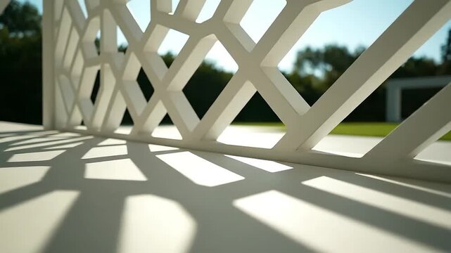 Modern Geometric White Lattice Screen with Dynamic Sunlight Shadows Creating Abstract Patterns on a Clean Surface Aesthetic Architectural Design Footage
