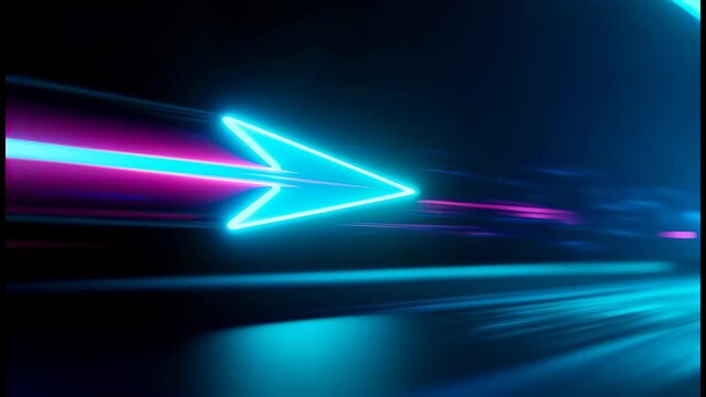 A neon blue arrow with pink light trails rushes forward through dark space