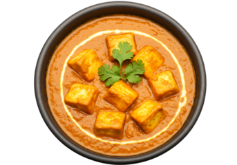 Delicious paneer butter masala isolated on transparent background, top view
