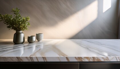 polished stone countertop with a beautiful veined pattern illuminated by soft light against a neutral background evoking a sense of luxury and sophistication