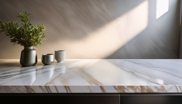 polished stone countertop with a beautiful veined pattern illuminated by soft light against a neutral background evoking a sense of luxury and sophistication