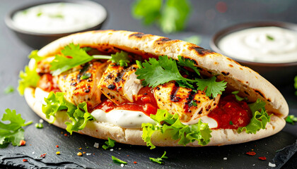 Warm pita sandwich filled with red sauce and grilled chicken. AI