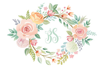 A set of elegant watercolor floral monogram logo designs featuring hand-painted botanical wreaths, pastel roses, peonies, and delicate greenery. Perfect for wedding invitations, luxury branding, femin