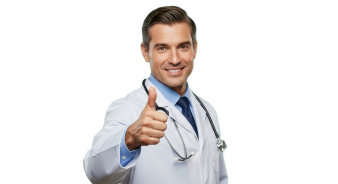 Confident doctor giving a thumbs up with a warm smile, projecting trust and positive health outcomes for your healthcare needs