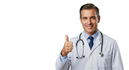 Trustworthy doctor gives thumbs up gesture, conveying confidence and approval for healthcare, medicine, and wellness initiatives, ideal for medical marketing