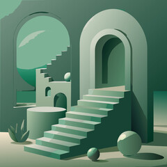 Minimalist Surreal Architectural Scene with Geometric Shapes and Bold Color Palette