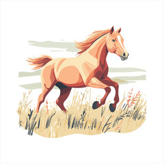 A light brownish-tan horse galloping across a field of tall grass.  Gentle,  windswept mane and tail.  Pastel colors create a serene,  natural scene