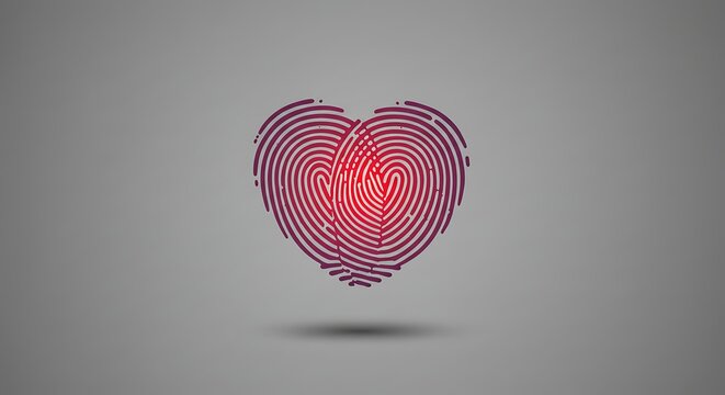 Fingerprint heart graphic with red glow against gray background