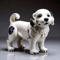 Ceramic dog figurine, white with blue floral design
