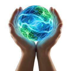 Hands holding a glowing, stylized Earth