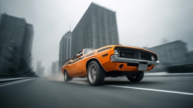 Orange muscle car urban drive