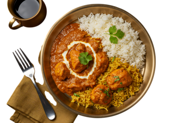 Delicious butter chicken with rice isolated on transparent background, top down view