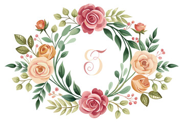 A set of elegant watercolor floral monogram logo designs featuring hand-painted botanical wreaths, pastel roses, peonies, and delicate greenery. Perfect for wedding invitations, luxury branding, femin