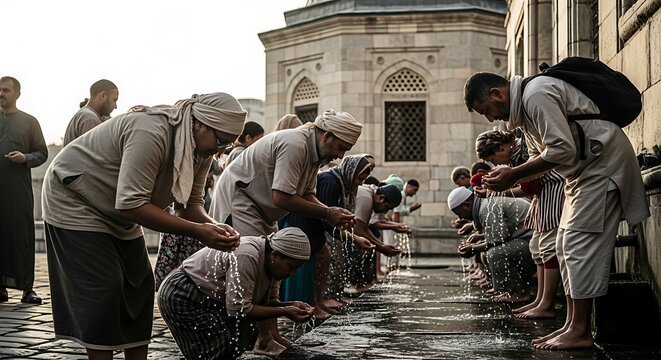 Muslims performing ablution before prayer in a mosque.