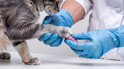 Veterinarian wearing blue gloves carefully administering a subcutaneous injection to a cat s paw during a medical examination