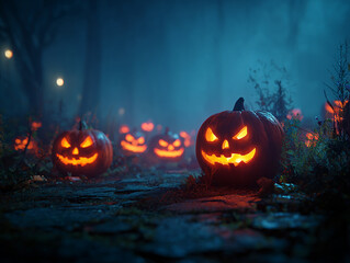 Glowing Halloween Pumpkin Lanterns in Dark Park – Spooky Autumn Night Scene (AI-Generated)
