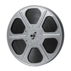 Fototapeta premium reel showcasing a full roll of , presented against a stark black backdrop, emphasizing the classic cinema aesthetic.
