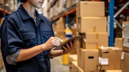 Warehouse worker wearing blue overalls using a tablet computer to manage inventory and track shipments among stacked cardboard boxes