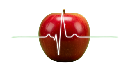 Vibrant red apple with a glowing white electrocardiogram pulse line symbolizing health and vitality, perfect for wellness campaigns.
