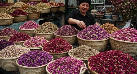 Woman at flower market with various colors of dried rose petals in baskets