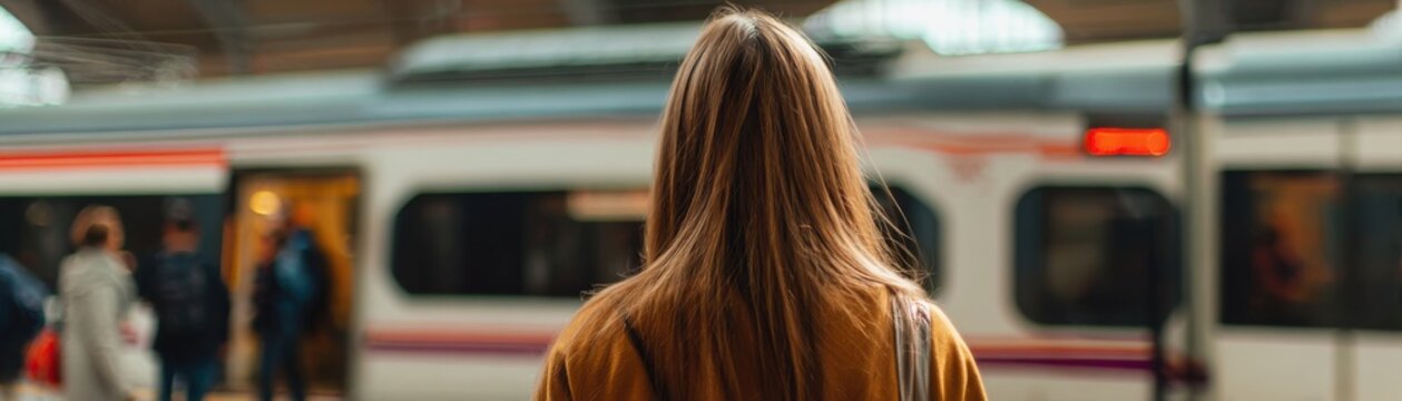 A woman with long hair stands at a railway station, looking towards an approaching train. People are seen boarding and exiting nearby as daylight fills the scene.