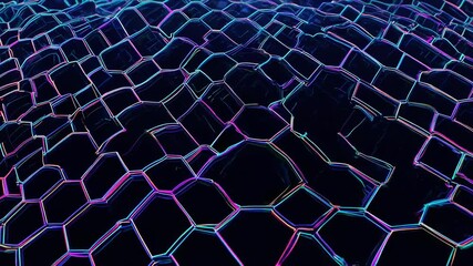 A rippling surface of interconnected, glowing hexagonal cells in a dark space - Powered by Adobe