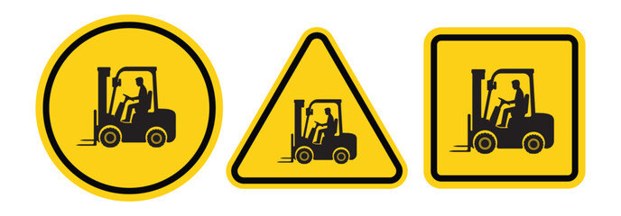 Three distinct yellow warning signs featuring a black silhouette of a forklift truck with a driver inside signifying operational areas © Icon Legend 