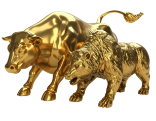 Shiny Gold Bull and Bear Figurines – Stock Market Symbol PNG