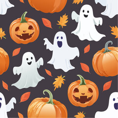 Fototapeta premium Spooky Halloween seamless pattern featuring carved pumpkins and playful ghosts, perfect for festive decorations and spooky themes
