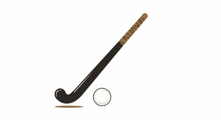 Illustration of a field hockey stick with brown tape and a white puck on a white background scene