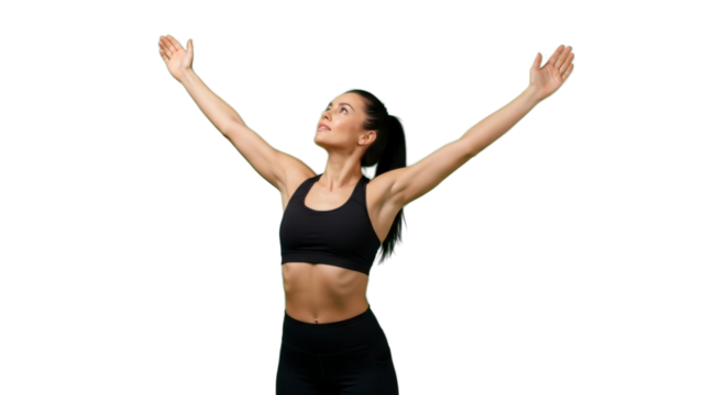 Strong athletic woman celebrates fitness success with arms raised, embodying healthy lifestyle and determination, inspiring wellness goals and active living today - Powered by Adobe