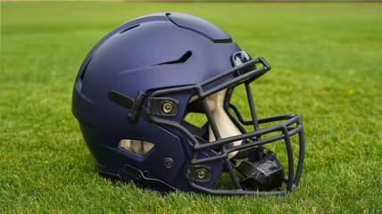 Dark blue matte american football helmet with protective padding, front view isolated on white background, sports safety gear for team players, close-up of modern football equipment