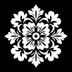 A symmetrical, white floral design on a black background, resembling a flower, with intricate details