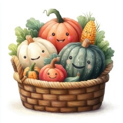Colorful Basket of Gourds and Squashes with Smiling Faces for Autumn Decorations, Halloween theme
