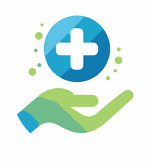 Obraz premium Hand cradles a blue circle with a white cross, surrounded by green dots on a white background