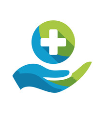 A hand cradles a medical cross, symbolizing care and health in shades of blue and green