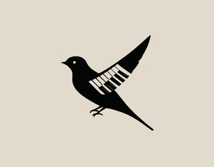 A silhouetted bird shape, its wing incorporating piano keys, in a minimalist design with a beige background