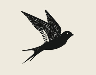 Silhouette of a bird in flight, piano keys integrated into wings on a cream background