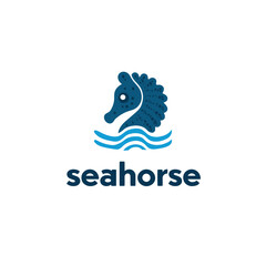 A stylized seahorse in shades of blue, above wavy lines, with the word 