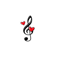 Musical symbol with red hearts. A black treble clef with two red hearts. Plain white background