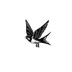 A black and white illustration of a flying bird with outstretched wings against a plain white background